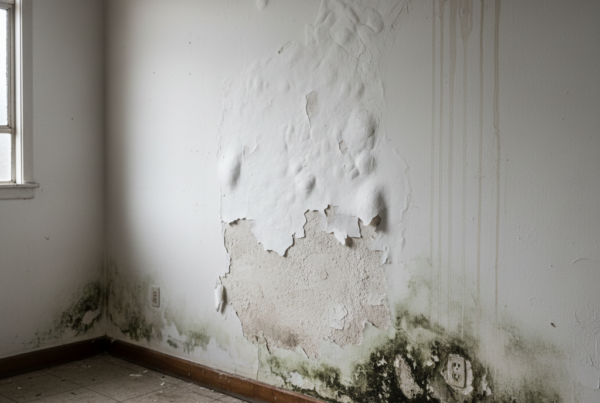 Parede com pintura descascando e manchas de umidade causada por infiltração em casa de Joinville.